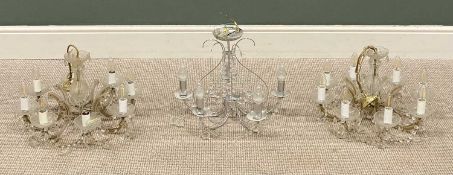 LIGHT FITTINGS being a pair of eight branch, glass effect lustre chandeliers and a modern chrome