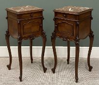 PAIR OF REGENCY WALNUT BEDSIDE TABLES with marble tops, on cabriole scroll supports, 85 (h) x 40 (w)