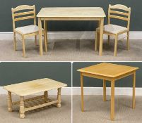 MODERN LIGHT WOOD KITCHEN TABLE, 74 (h) x 120 (w) x 76cms (d) with two chairs, square topped