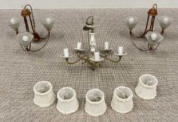 LIGHT FITTINGS being a pair of vintage three-branch chandeliers and a brass five-branch example