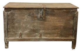 LARGE TIMBER & IRON BANDED LIFT-TOP CHEST, 93 (h) x 150 (w) x 61cms (d) Provenance: private