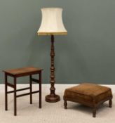 VINTAGE UPHOLSTERED FOOTSTOOL, 36 (h) x 61 (w) x 61cms (d), a turned column standard lamp and a