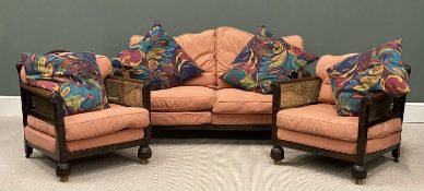 AN EDWARDIAN BERGERE SUITE comprising two-seater sofa, 75 (h) x 147 (w) x 71cms (d) and two