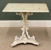 19TH CENTURY COALBROOKDALE STYLE TABLE, triform cast iron pedestal base with marble top, 72 (h) x 77