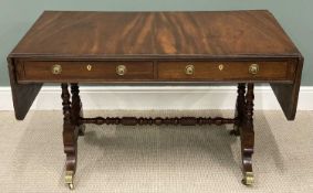 VICTORIAN MAHOGANY SOFA TABLE with flap ends, brass casters, and with turned stretcher, 75 (h) x 128