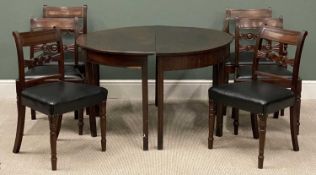 TWO ANTIQUE OAK DINING TABLE 'D' ENDS, 70 x 122cms (together) and six mahogany dining chairs (5+