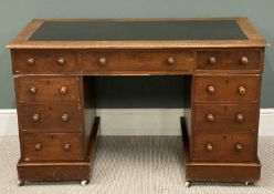 AN ANTIQUE PINE TWIN PEDESTAL DESK, multiple drawers and tooled top, 73 (h) x 121 (w) x 61cms (d)