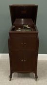 HMV GRAMOPHONE CABINET having compartmented interior, winder and accessories, 115 (h) x 58 (w) x