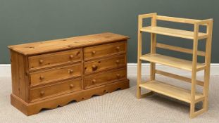 MODERN PINE CHEST OF SIX SIDE BY SIDE DRAWERS, 64 (h) x 133 (w) x 42cms (d), and a folding bookcase,
