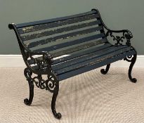 A FINE CAST IRON & SLATTED WOOD GARDEN BENCH having mask handles, 82 (h) x 132 (w) x 60cms (d)