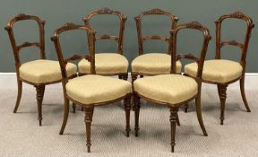 VICTORIAN MAHOGANY DINING CHAIRS, an attractive set of six, well upholstered and on turned