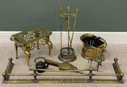 BRASS FIRESIDE ITEMS including irons, footman and fender, 123cms (l) Provenance: deceased estate