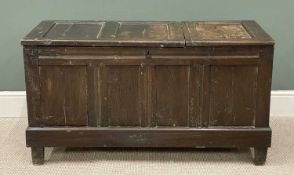 18TH CENTURY OAK COFFER, three panelled top with two opening sections and a four panel front, 66 (h)