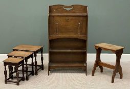 AN 'ARTS & CRAFTS' STYLE OAK SLIM DROP-DOWN BUREAU having base shelves, 127 (h) x 70 (w) x 27cms (