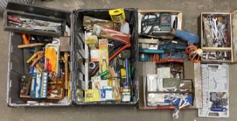 TWO CRATES OF GARDEN HAND POWER TOOLS & ACCESSORIES Provenance: private collection Anglesey