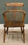OAK & ELM ANTIQUE WINDSOR CHAIR with wheel, spindle and curved back, 86 (h) x 51 (w) x 39cms (d)