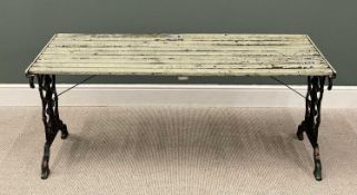 WOODED SLAT TOP GARDEN TABLE, metal base and with scroll ends, 65 (h) x 156 (w) x 67cms (d)