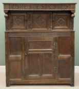 '1678' CARVED OAK DEUDDARN with heavily carved diamond panels, 171 (h) x 144 (w) x 53cms (d)