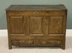 CARVED OAK THREE PANEL MULE CHEST with carved initials I W and date 1732, 79.5 (h) x 113 (w) x 55cms