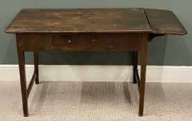 EARLY OAK BREAKFAST TABLE having flap end and single drawer, 75 (h) x 112/137 (w) x 71cms (d)