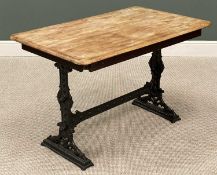 A DECORATIVE CAST IRON BASED, OBLONG TOPPED, DINING TABLE, 77 (h) x 120 (w) x 75cms (d)
