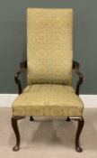 GEORGE I STYLE WALNUT OPEN ARMCHAIR with shepherd's crook arms and cabriole legs, 122 (h) x 65 (w) x