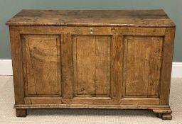 19TH CENTURY OAK COFFER with three-panelled front, on bracket feet, 79 (h) x 126 (w) x 52cms (d)