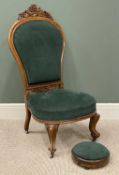 VICTORIAN MAHOGANY CARVED & UPHOLSTERED NURSING CHAIR and a similar period walnut circular footstool