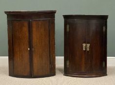 TWO ANTIQUE BOW FRONT WALL HANGING CORNER CUPBOARDS, 99 (h) x 77 (w) x 55cms (d) and 107 (h) x 83 (