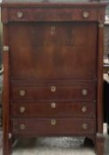 LATE EMPIRE MAHOGANY & BRASS STRUNG SECRÉTAIRE À ABATTANT, frieze drawer, rectangular fall, fitted