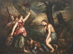 FRANCO TOSCANA oil on canvas – reproduction of ‘Religion Saved by Spain’ by Titian, signed, 184 x