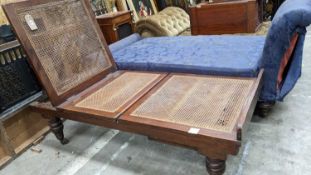LATE VICTORIAN RATTAN & MAHOGANY CAMPAIGN DAY BED, label for Leveson & Sons, with adjustable back