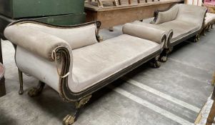 PAIR OF REGENCY CHAISE LONGUES/DAY BEDS, ebonised & parcel gilt scroll ended, paw feet, 82 (h) x 205