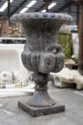 MEDICI STYLE SCAGLIOLA MARBLE URN, everted gadrooned rim and body, double mask twin handles, socle