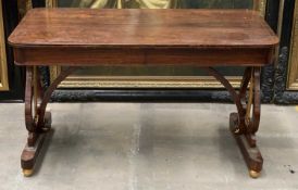 MAHOGANY LIBRARY TABLE, 72 (h) x 122 (w) x 61cms (d) Comments: one support damaged and loose, in our