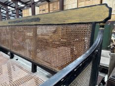 GEORGE III STYLE CANED BERGERE SETTEE, later painted in gold and black, 87 (h) x 202 (w) x 78cms (d)