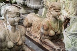 LARGE PAIR OF PAINTED CAST IRON SPHINXES, on rectangular plinth bases, 94 (h) 160 (w) x 69cms (d) (