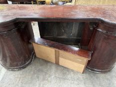 19TH C. MAHOGANY PEDESTAL SIDEBOARD, bowed cupboards and top, 83 (h) x 216 (w) x 69cms (d) Comments: