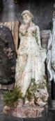 PAINTED CAST IRON FIGURE OF MAIDEN, semi-draped, beside broken ewer at her feet, 140cms (h)
