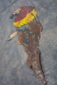 LARGE PAINTED SHEET METAL ORNAMENT OF PERCHED MACAW, probably an advertising sign, 300 x 98cms