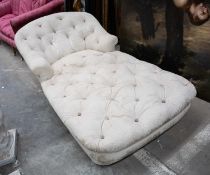 ANTIQUE BROAD CHAISE / DAYBED, button upholstered calico type cotton, on later castors, 78 (h) x 206