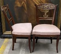 PAIR EMPIRE STYLE PARCEL GILT MAHOGANY SIDE CHAIRS, 19th C., backs applied with moulded foliage
