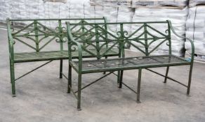 PAIR OF LATE REGENCY STYLE WROUGHT IRON GARDEN BENCHES, reeded interlaced backs above slatted seats,