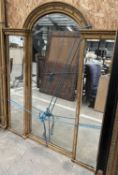 19TH CENTURY GILT FRAMED ARCHED TRIPLE PLATE OVERMANTEL MIRROR, moulded cornice with applied
