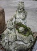 RECONSTITUTED STONE FIGURAL FOUNTAIN, modelled as naked nymph with ewer, putto, beside tambourine
