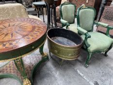 PARCEL OF GREEN PAINTED FURNITURE, circular centre table with specimen wood inlaid top designed as