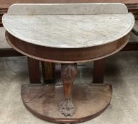 VICTORIAN WALNUT & MARBLE DEMILUNE WASHSTAND, cabriole lion's foot front leg, platform base, 78 (
