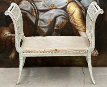 18TH C. STYLE PAINTED WOOD WINDOW SEAT, pierced scroll end supports, on channelled sabre legs, 81 (