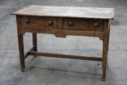 19TH C. JOINED OAK LOWBOY, two frieze drawers, legs joined by H-stretcher, 73 (h) x 114 (w) x