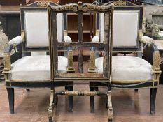 PAIR OF EMPIRE STYLE EBONISED ARMCHAIRS & FIRE SCREEN, chairs with pale velvet upholstered backs,
